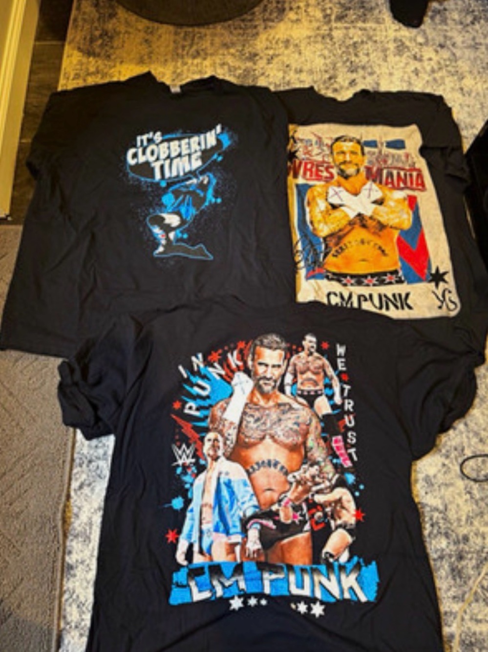 WWE CM Punk Lot of 3 Black Wrestling Graphic T-Shirts (WrestleMania 42 Included